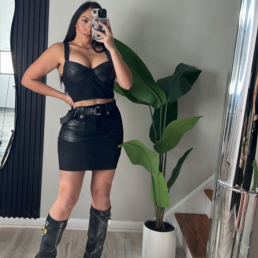 Brown Faux Leather Skirt and Top Set